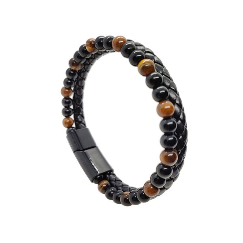 Regalo Bracciale Uomo Bohemien con Perle Naturali - Multi-Livello in Occhio di Tigre Vulcanico e Agata,