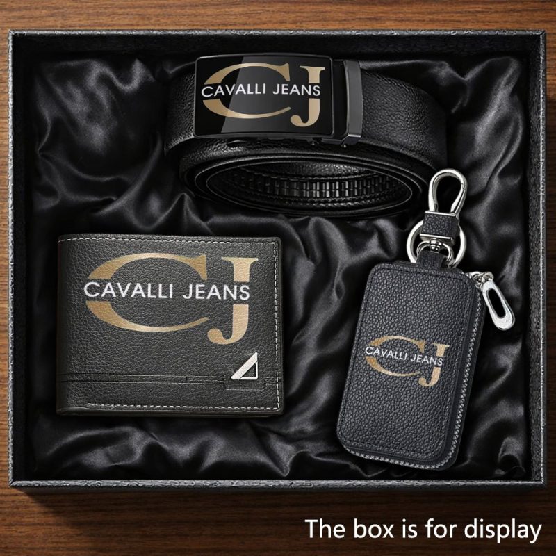 Set da 3 pezzi per uomo: cintura, portamonete, portachiavi | Logo marca Jeans Cavalli, design raffinato,