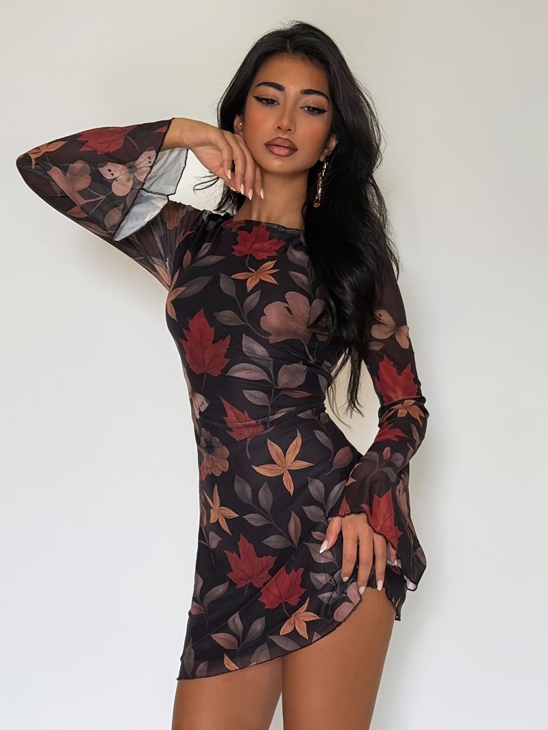 Abito da donna vintage con stampa floreale e maniche lunghe in rete per primavera ed estate