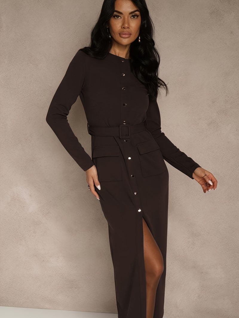 Abito Marrone Caffè a Maniche Lunghe con Dettaglio Bottoni,