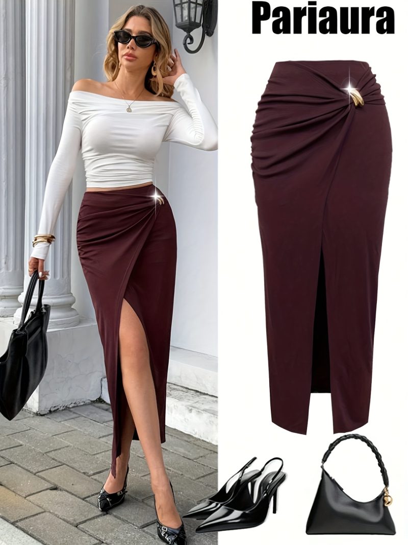 Gonna lunga irregolare color caffè da donna con alta elasticità e fibbia in metallo,