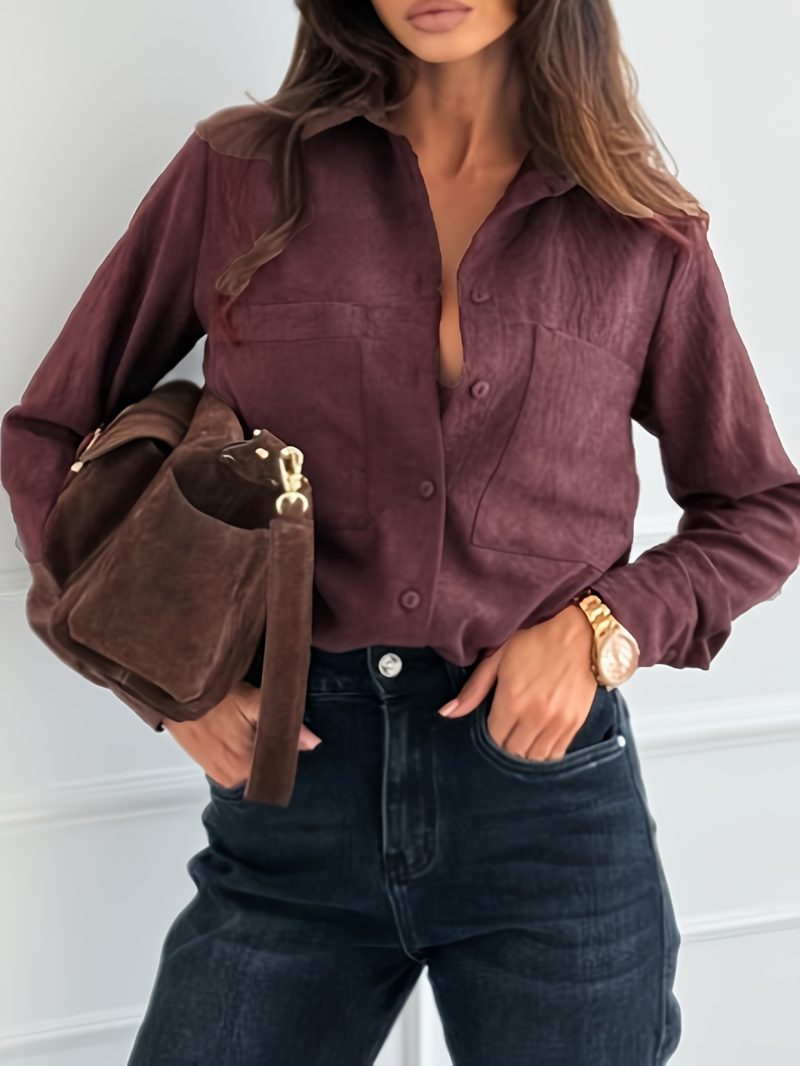 Camicia Elegante Colore Unico, Bottoni Frontali, Versatile,Classica a Maniche Lunghe