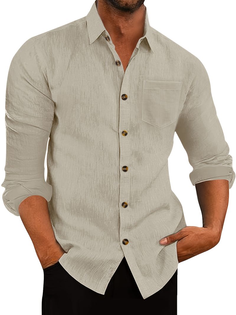 Camicia Uomo in Lino Primavera/Autunno, Manica Lunga con Collo a Svolta, Stile Casual