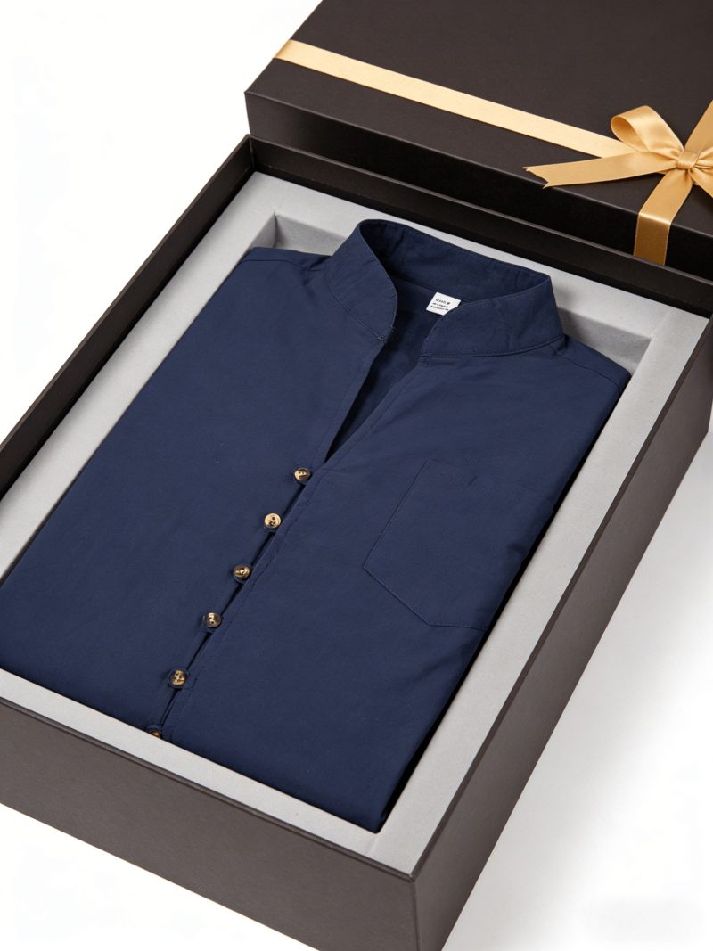 Camicia da uomo in lino traspirante con colletto alla coreana e maniche lunghe,