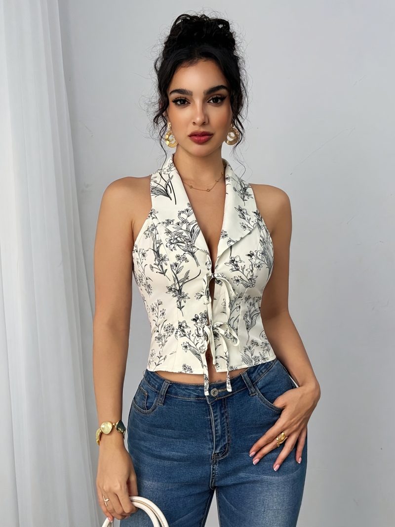 Camicia in chiffon stile spiaggia primavera/estate con fiocco annodato,