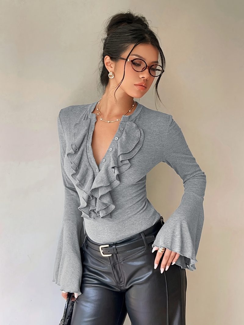 Camicia Donna Manica Lunga Slim-Fit con Scollo a Volant, Design Aperto Frontale,