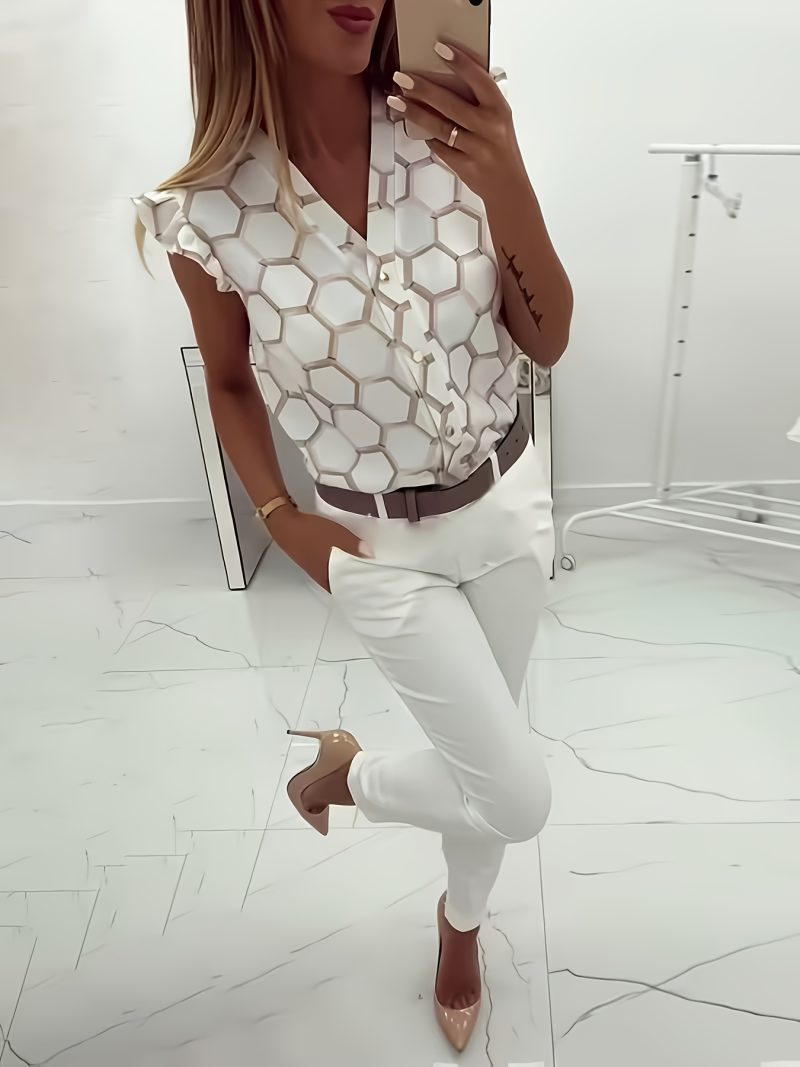 Camicia Elegante colletto alla coreana, maniche corte con volant, risvolto monopetto