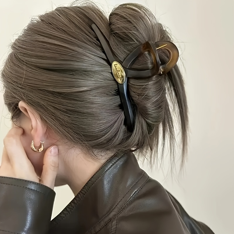 Fermaglio per Capelli Vintage in Ambra con Emblema Dorato - Clip a Squalo Rettangolare