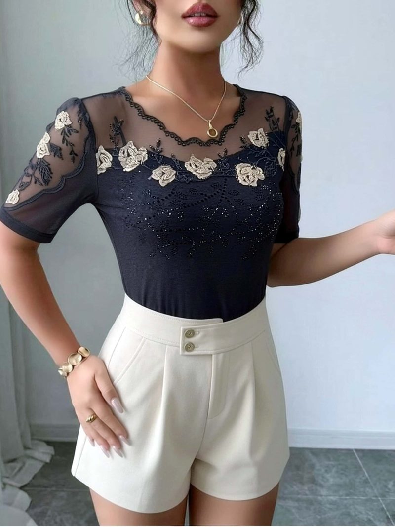 Camicetta estiva da donna a maniche corte - Top elegante in rete con pizzo e strass,