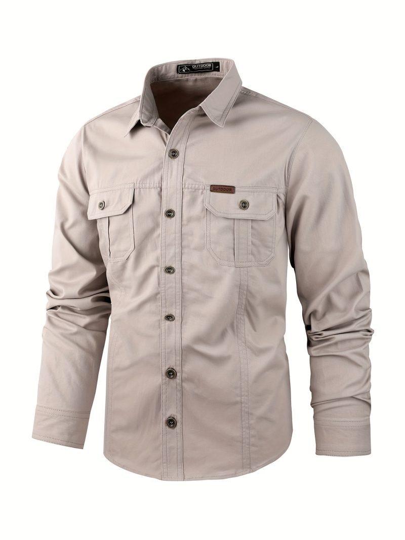 Camicia Manica Lunga e Bottoni, Tessuto Resistente Tinta Unita