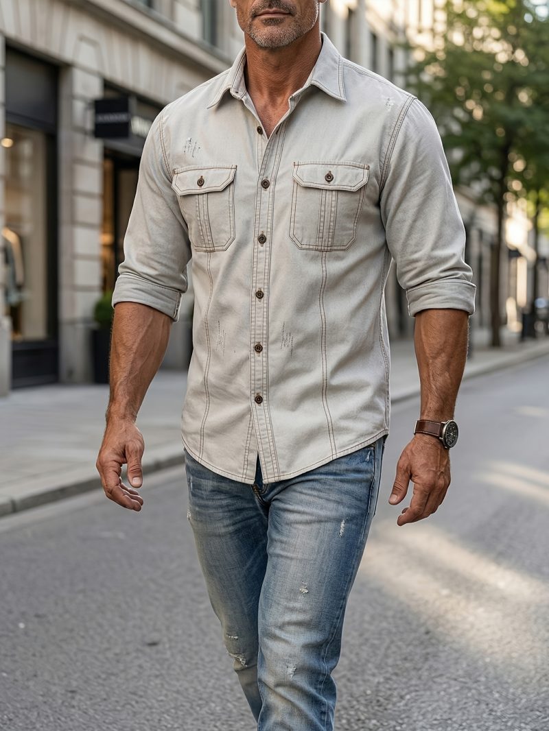 Camicia di jeans da uomo a maniche lunghe stile distressed, top bianco di jeans, design