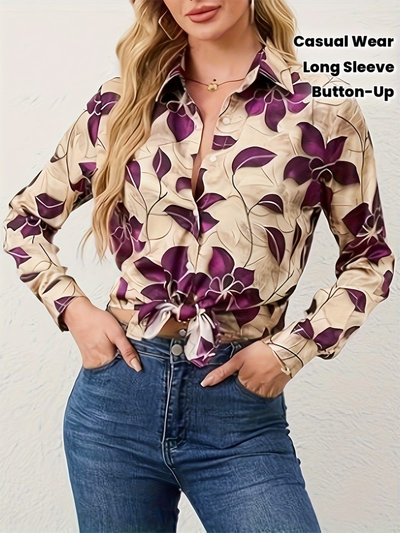 Camicia da donna con bottoni, Blusa a maniche lunghe stampata alla moda 2026