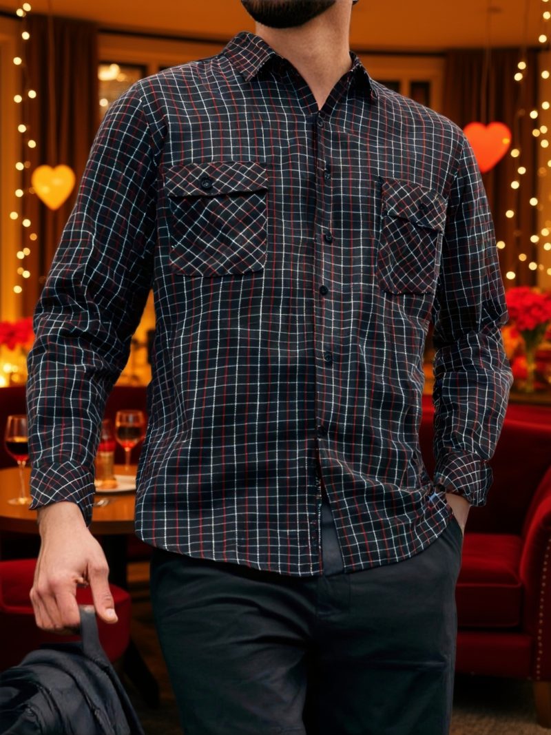 Camicia a quadri vintage da uomo a maniche lunghe con doppie tasche, casual slim-fit