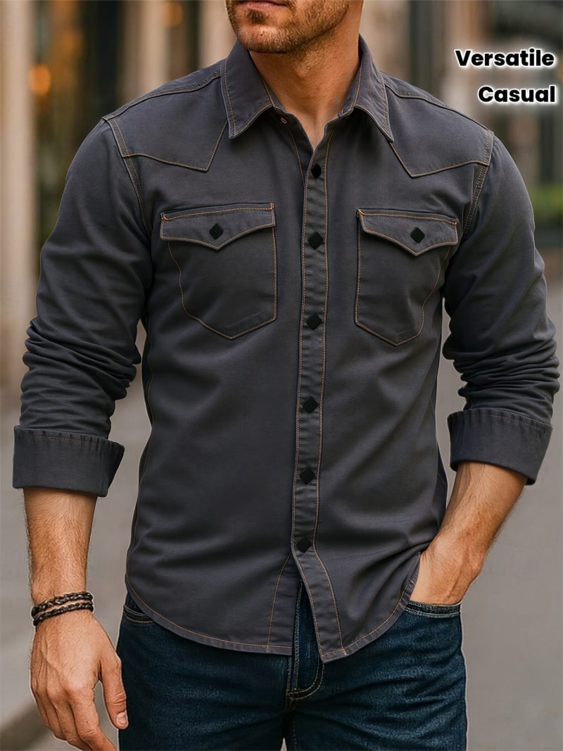 Camicia in Denim Uomo, Camicia in Denim con Bottoni Quadrati e Doppia Tasca, Denim Vintage